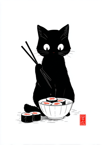 Japansk Plakat    Kat Med Sushi Og Spisepinde