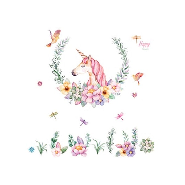 Flot Enhjørning Wallsticker Med Blomster  Fugle   Laurbærkrans