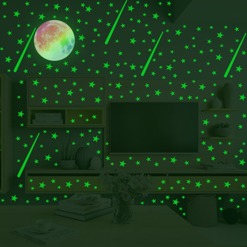 Flot Selvlysende Wallsticker Med Meteor Regn Måne Meteorer Og Masser Af Stjerner 474 Stk