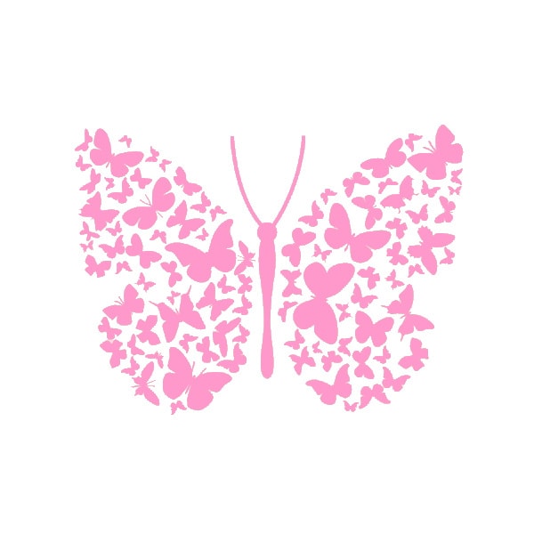 Flot Stor Sommerfugl Wallsticker Med Mange Små Sommerfugle Pink