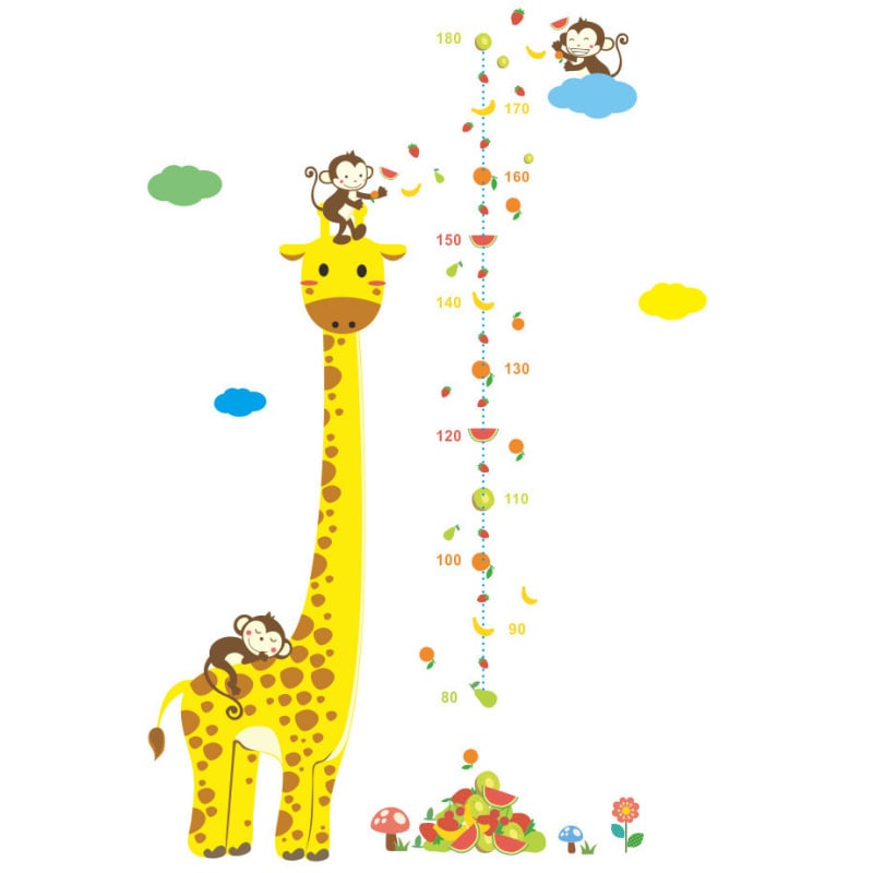 Giraf Wallsticker  Målebånds Wallsticker Med En Stor Giraf Og Søde Aber  80-180cm