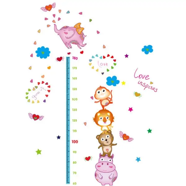 Højdemåler Wallsticker  Dyretårn Og Masser Af Hjerter  60-180cm