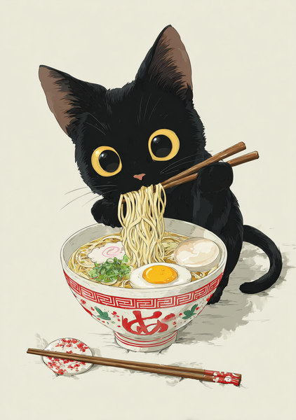 Japansk Plakat    Ramenkat Med Spisepinde