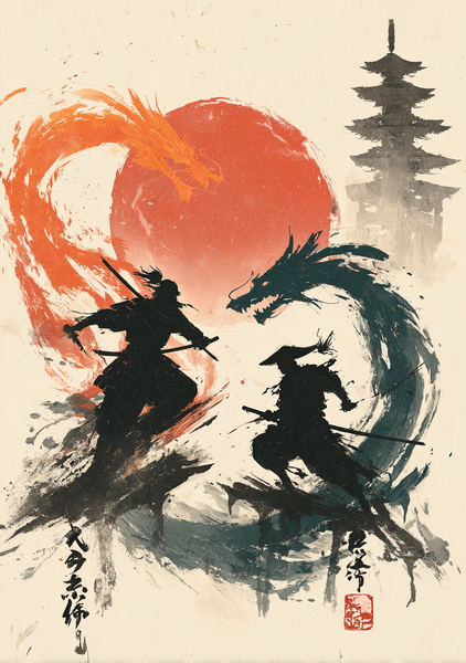 Japansk Plakat 160  Samurai Og Drager
