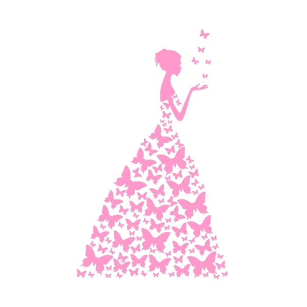 Pige Med Sommerfuglekjole Wallsticker  89x58 Cm  Pink