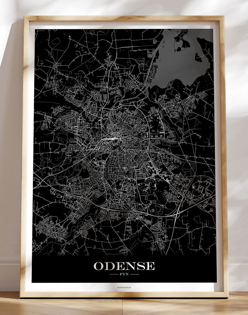Plakat Med Bykort Odense Sort Baggrund