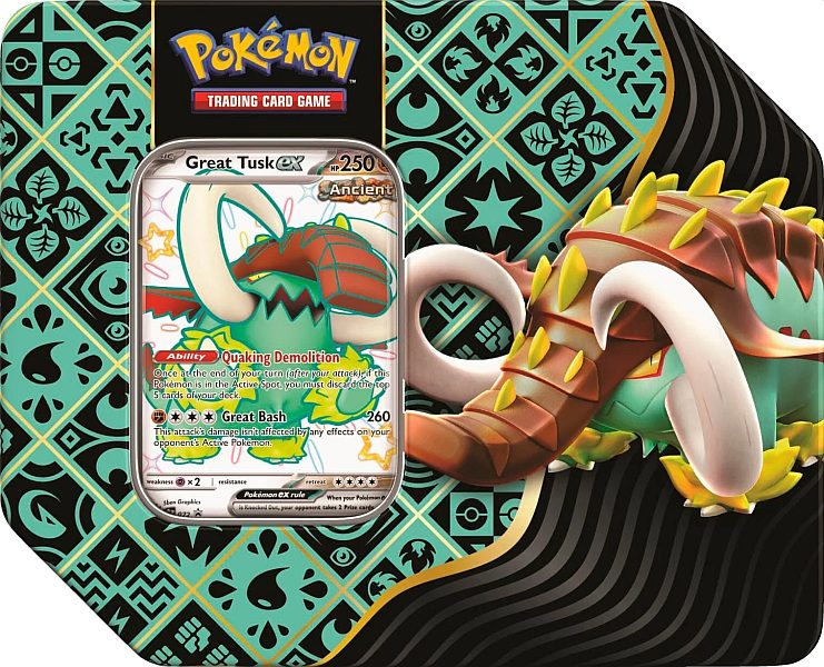 Pokemon Tin Kasse 2024 Wave   Winter  Usa Version : Great Tusk Ex Scarlet   Violet: Paldean Fates Collector   Tin Box    Boosters