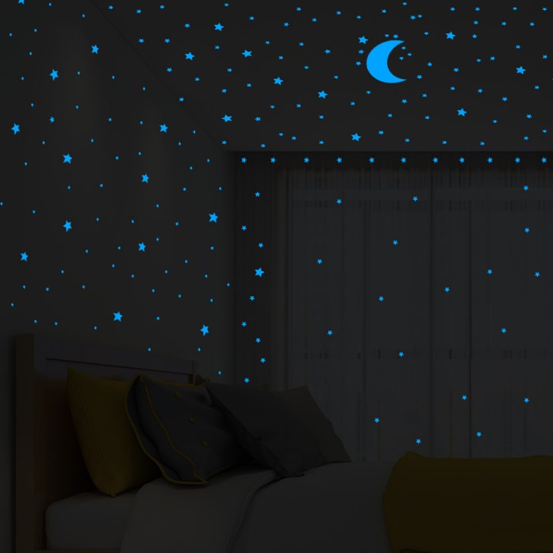 Selvlysende Wallsticker Med En Halvmåne Og 338 Stjerner  Blå