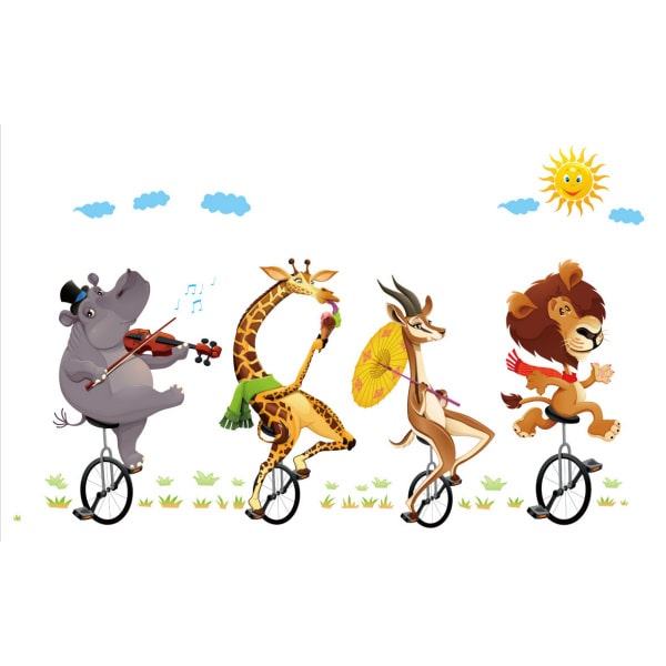 Sjove Dyr På Ethjulede Cykler  Sød Og Farverig Wallsticker Til Væggen