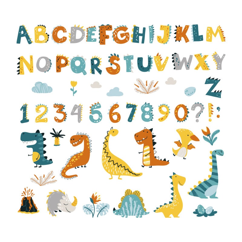 Sød Dinosaur Wallsticker Med Et Farverigt Alfabet  Bogstaverne   Til   Samt Tal Fra  -