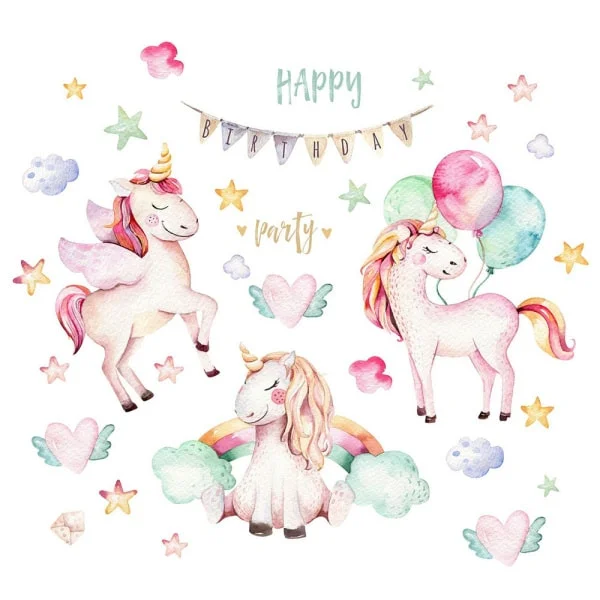 Sød Enhjørning Wallsticker  Happy Birthday Party Fødselsdagsfest