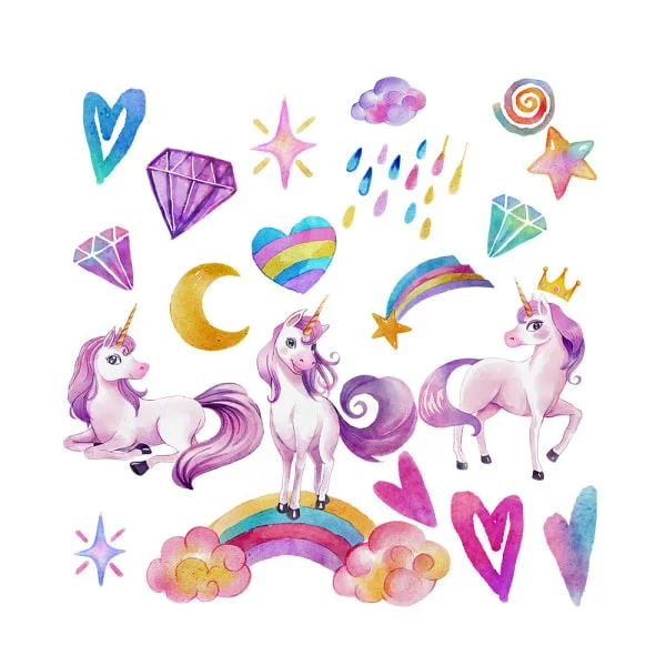 Sød Wallsticker Med Enhjørninger  Diamanter  Hjerter   Stjerner