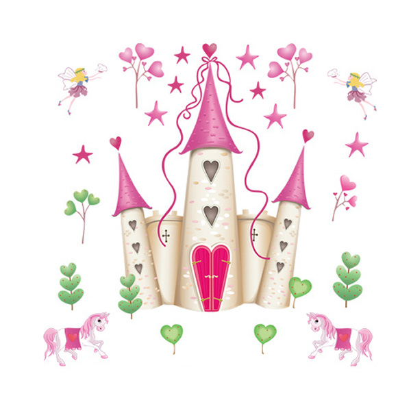 Sød Wallsticker Med Et Slot  Hjerter Og Heste  90x88cm