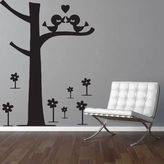 Træ Med To Hjerte Fugle Wallsticker