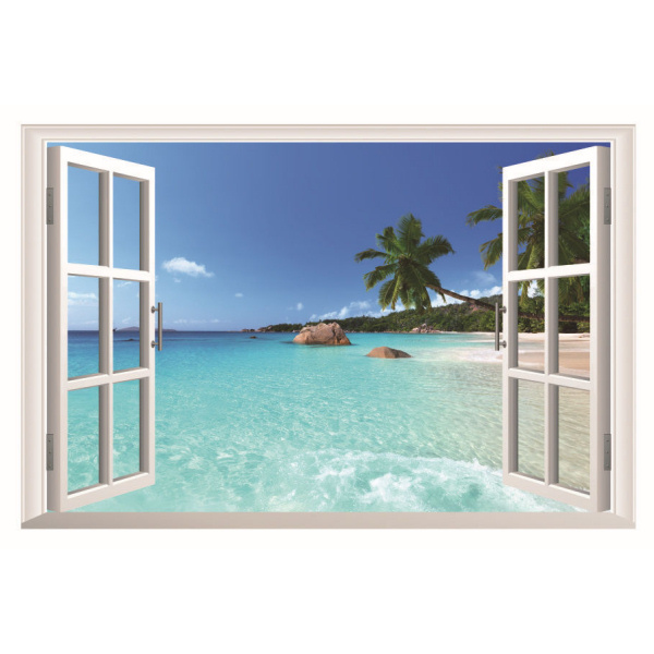 Vindue Til Paradis  Wallsticker Med Stranden Som Nabo  90x60cm