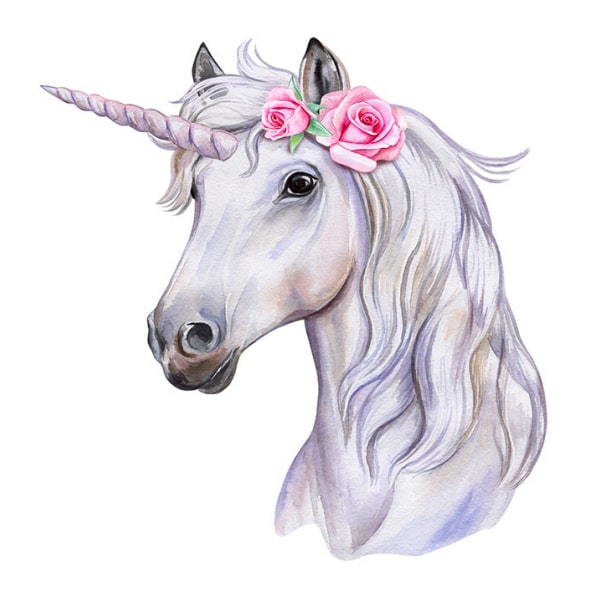 Wallsticker Med Et Flot Enhjørning Hoved  Hvid Med Pink Roser