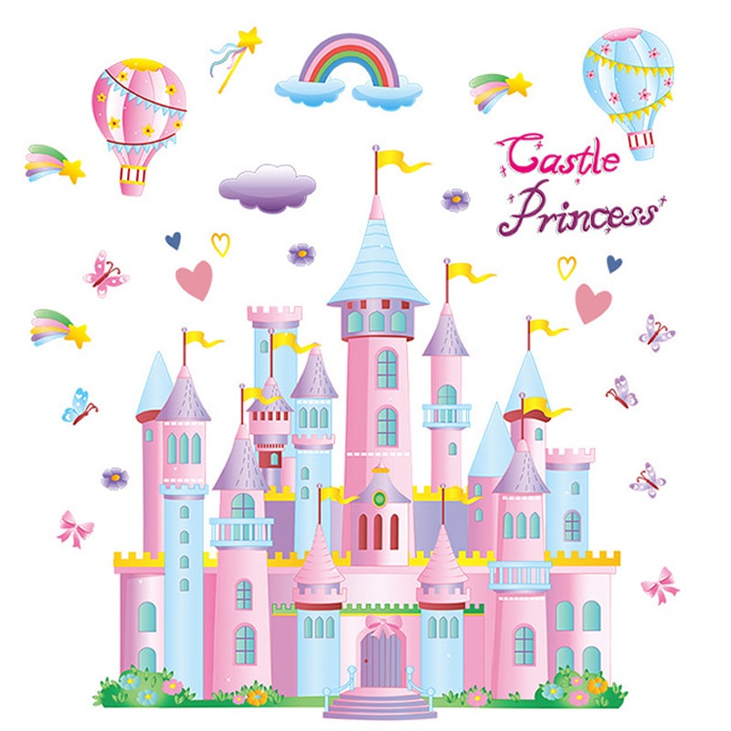 Wallsticker Med Et Prinsesseslot   Flotte Pastelfarver  Luftballoner  Regnbue Og Stjerneskud