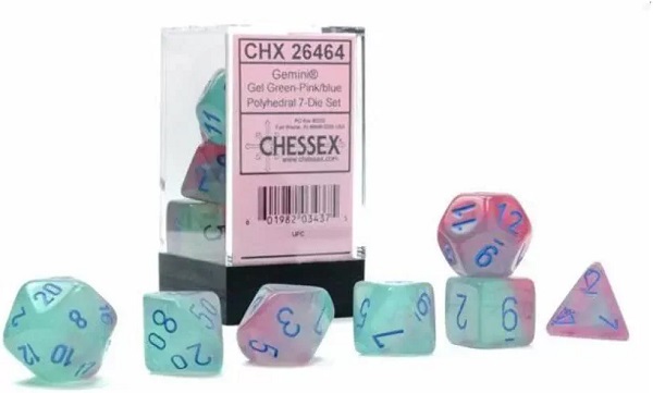 Dice Terningesæt   Terninger Gemini Polyhedral: Gel Green-pink With Blue Luminary Chessex Lab
