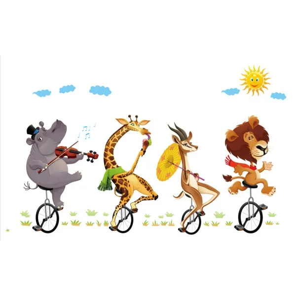 Sjove Dyr På Ethjulede Cykler  Sød Og Farverig Wallsticker Til Væggen